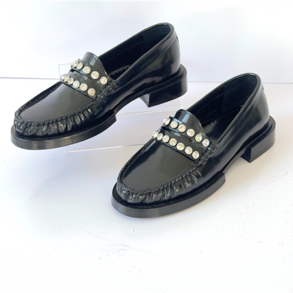 SANDRO Crystal-Embellished Patent-Leather Women’s Black Slip On Loafers Size 5 - Picture 1 of 16